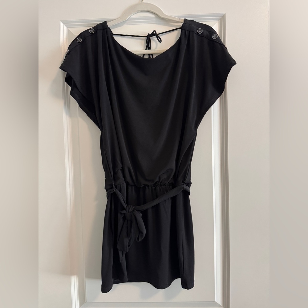 White House Black Market Black Button-Shoulder Tie Waist Tunic